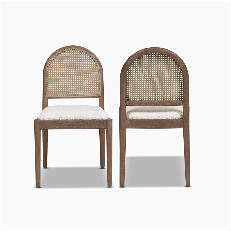 Mehlani Curved Cane Rattan Side Dining Chair Set Of 2 Ivory White Boucle